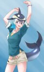  1girl absurdres arms_up black_hair blue_eyes blue_hair blush bracelet breast_pocket common_dolphin_(kemono_friends) dolphin_tail eyebrows_visible_through_hair highres jewelry kemono_friends looking_at_viewer multicolored_hair open_mouth pocket short_hair shorts smile solo tanabe_(fueisei) teeth upper_teeth 