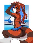  2022 ailurid anthro big_breasts bikini blue_eyes blue_hair blue_highlights bottomwear breasts brown_body brown_fur brown_hair butt clothing eyelashes female fur glistening glistening_body glistening_hair hair hi_res highlights_(coloring) inner_ear_fluff long_hair looking_at_viewer looking_back looking_back_at_viewer mammal markings multicolored_hair outside poolside ravagaard red_panda ring_(marking) ringtail shoulder_tuft side_boob skirt smile solo swimming_pool swimwear tail_markings tuft two_tone_hair white_body white_fur 