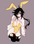  1girl abottleofstars animal_ears black_eyes black_hair black_legwear blush borrowed_character collarbone covered_navel fake_animal_ears floating_hair highres hood leotard long_hair original parted_lips playboy_bunny rabbit_ears shrug_(clothing) smile solo thick_thighs thighhighs thighs torn_clothes torn_legwear uni_(unexistarts) yellow_leotard 