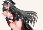  1girl ahegao areolae azur_lane bangs black_hair blue_eyes blush breasts commentary_request deutschland_(azur_lane) fang goggles goggles_on_headwear grey_background hat highres large_breasts leotard leotard_lift lifted_by_self long_hair long_sleeves looking_at_viewer mechanical_hands mechanical_parts multicolored_hair nipples nose_blush open_mouth peaked_cap red_hair revision simple_background solo streaked_hair sweat takeakigaku tongue tongue_out very_long_hair white_hair white_leotard 