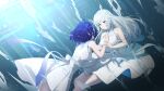  2girls absurdres air_bubble blue_hair breasts bronya_zaychik bubble caisena chinese_commentary cleavage cleavage_cutout clothing_cutout commentary_request cowboy_shot dress facing_away grey_eyes highres honkai_(series) honkai_impact_3rd large_breasts long_hair looking_at_another multiple_girls reaching_out seele_vollerei short_hair sleeveless sleeveless_dress smile underwater water white_dress white_hair yuri 