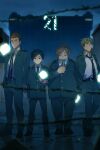  4boys adjusting_clothes arm_at_side arms_at_sides black_hair black_necktie blonde_hair brown_hair building clenched_teeth cracked_floor cube echo_(circa) fat fat_man furrowed_brow guard_rail hand_in_pocket jacket kazama_souya kizaki_reiji lineup long_sleeves looking_at_viewer multicolored_hair multiple_boys necktie night open_clothes open_jacket outdoors outstretched_hand pants red_eyes shoes standing suwa_koutarou teeth two-tone_hair uniform world_trigger 