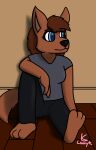  anthro arm_on_knee canid canine clothed clothing female fully_clothed hi_res leggings legwear lonnyk mammal shirt sitting solo topwear unknown_species v_neck_shirt 