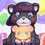  anthro balloon bandai_namco bearmon blue_eyes brown_body brown_fur clothing digimon digimon_(species) fur hat headgear headwear hi_res hikariluzw inflatable male mammal plushie solo sparkling_eyes teddy_bear ursid 