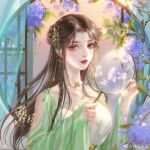  1girl baiguio_(zhu_xian) bi_yao_zhuye braid branch brown_hair curtains dress flower green_dress hand_fan leaf long_hair purple_flower smile window zhu_xian 