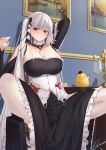  1girl absurdres arm_behind_head arm_up azur_lane bangs between_breasts bird black_dress blush breasts chair chick cleavage collarbone cup detached_collar detached_sleeves dress drinking_glass error1945 formidable_(azur_lane) frilled_dress frills grey_hair highres large_breasts long_hair looking_at_viewer manjuu_(azur_lane) neck_ribbon pantyhose red_eyes ribbon squatting twintails two-tone_dress very_long_hair white_dress white_legwear wine_glass 