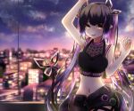  1girl arm_up armpits bangs black_hair black_jacket black_ribbon black_shirt blunt_bangs blush breasts city cityscape cleavage clothes_around_waist commentary_request cowboy_shot crop_top dameyoshi demon_girl demon_horns demon_tail dusk eyebrows_visible_through_hair heart heart_print highres horns indoors jacket jacket_around_waist kojo_anna leg_ribbon long_hair looking_at_viewer medium_breasts midriff multicolored_hair navel open_mouth pointy_ears print_shirt purple_hair ribbon see-through_shirt shirt sleeveless sleeveless_shirt smile solo star_(sky) sugar_lyric tail tongue tongue_out twintails two-tone_hair virtual_youtuber window yellow_eyes zipper 