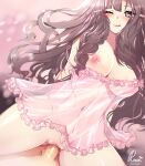  1girl arms_behind_back blush breasts brown_hair commission commissioner_upload cowgirl_position dress fire_emblem fire_emblem_awakening heart heart_in_eye highres lingerie long_hair navel negligee nightgown one_eye_closed pink_dress ririsaurus sex shiny shiny_hair shiny_skin smile spread_legs straddling symbol_in_eye tongue tongue_out underwear 