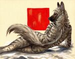  2019 ambiguous_gender anthro bedding brown_body cadmiumtea hyaenid looking_back mammal mane nude onnes painting_(artwork) pinup pose rear_view reclining simple_background solo traditional_media_(artwork) 