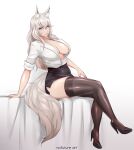  2022 animal_humanoid bottomwear breasts canid canid_humanoid canine canine_humanoid cleavage clothed clothing female footwear grey_hair hair hi_res high_heels humanoid legwear looking_at_viewer mammal mammal_humanoid nofuture shirt shoes sitting skirt solo thigh_highs topwear wolf_humanoid 