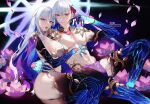  1boy 1girl abs armlet armor bangs bikini_armor blue_hair blush breasts cleavage collar dual_persona earrings fate/grand_order fate_(series) flower hair_ribbon highres jewelry kama_(fate) large_breasts long_hair looking_at_viewer lotus metal_collar multicolored_hair navel red_eyes ribbon shei99 silver_hair thighlet thighs two-tone_hair 