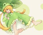  1girl absurdres animal_hood bangs barefoot blonde_hair blush_stickers dress feet foot_focus foreshortening frilled_dress frills frog_hair_ornament frog_hood green_dress hair_ornament highres hood kuro_ula leaf leaf_umbrella long_hair no_shoes oshino_shinobu pointy_ears raincoat smile soles toes twintails vampire yellow_eyes 