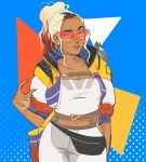  1girl apex_legends blonde_hair blue_background breasts collarbone cosplay crypto_(apex_legends) crypto_(apex_legends)_(cosplay) fanny_pack forehead gold_choker hair_behind_ear hype_beast_crypto jacket large_breasts looking_at_viewer navel pants parted_lips solo spikes sunglasses valiintine white_pants yellow_jacket 