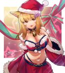  1girl baniran_dorosu bare_shoulders bell blonde_hair blush breasts brown_eyes choker cleavage closed_mouth collarbone commission detached_sleeves diamon eyebrows_visible_through_hair facial_mark hand_on_own_chest hat highres large_breasts looking_at_viewer medium_hair navel neck_bell original red_headwear red_nails red_skirt santa_costume santa_hat second-party_source skeb_commission skirt smile solo tongue tongue_out 