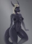  2019 anthro big_breasts breasts dragon female genitals hair hi_res horn long_hair looking_at_viewer nipples nude pussy simple_background solo spots tongue tongue_out unrealcereal 