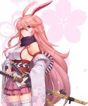  1girl absurdres animal_ears bangs bare_shoulders breasts cream_bread floral_background fox_ears highres honkai_(series) honkai_impact_3rd japanese_clothes katana long_hair looking_at_viewer miko pink_hair pink_skirt purple_eyes sheath sheathed sideboob skirt smile solo sword thighhighs weapon white_legwear white_sleeves yae_sakura yae_sakura_(gyakushinn_miko) 