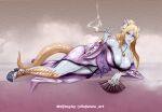  2021 animal_humanoid asian_clothing blonde_hair breasts cleavage clothed clothing dragon dragon_humanoid east_asian_clothing female hair hand_fan hi_res horn humanoid japanese_clothing jewelry kimono kiseru lying necklace nofuture obi on_side scales scalie scalie_humanoid smoking_pipe solo yellow_eyes 