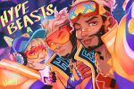  1girl 2boys absurdres apex_legends arm_around_shoulder bandaid bandaid_on_nose blonde_hair blue_eyes blue_gloves blue_headwear cat_ear_headphones chain collarbone cornrows crypto_(apex_legends) dark-skinned_female dark_skin earrings gloves goggles goggles_on_head gold_chain hair_behind_ear hand_on_another&#039;s_chest headphones highres hype_beast_crypto jacket jewelry lila_(lilakeylk) lit_witt_mirage mirage_(apex_legends) multiple_boys official_alternate_costume one_eye_closed shiny short_hair smile sunglasses thunder_kitty_wattson tied_hair tongue tongue_out visor_cap wattson_(apex_legends) yellow_jacket 