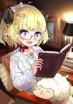  1girl :d absurdres ahoge animal_ears aran_sweater blonde_hair book bow bowtie choker dress glasses hair_ornament hairclip highres holding holding_book hololive horns looking_at_viewer moaiman open_mouth purple_eyes reading red-framed_eyewear red_choker ribbon_choker sailor_collar sailor_dress sheep sheep_ears sheep_girl sheep_horns short_hair smile solo sweater tsunomaki_watame virtual_youtuber white_bow white_bowtie white_sweater 