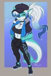  anthro bottomwear breasts bulge cleavage clothed clothing fish frosty_(sharky) gynomorph hair herm hi_res intersex looking_at_viewer marine pants shark simple_background solo towel wmdiscovery93 yoga_pants 