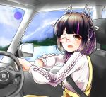  1girl alternate_costume alternate_hairstyle bangs bespectacled black_hair blunt_bangs blush breasts car_interior commentary_request dameyoshi day demon_girl demon_horns eyebrows_visible_through_hair front_ponytail glasses highres horns kojo_anna long_hair long_sleeves looking_at_viewer looking_to_the_side medium_breasts multicolored_hair one_eye_closed open_mouth pointy_ears purple_hair rectangular_eyewear red-framed_eyewear seatbelt semi-rimless_eyewear smile solo steering_wheel sugar_lyric sweater two-tone_hair under-rim_eyewear upper_body virtual_youtuber white_sweater yellow_eyes 