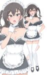  1girl :o absurdres alternate_costume asymmetrical_eyebrows black_hair blush breasts choker cleavage collarbone cross cross_earrings cross_necklace dress earrings enmaided frilled_choker frilled_dress frills full_body gloves hand_on_hip highres holding holding_mask idolmaster idolmaster_cinderella_girls jewelry looking_at_viewer maid mask mask_pull mole mole_under_eye necklace off-shoulder_dress off_shoulder sharp_teeth simple_background sunazuka_akira teeth thighhighs two-tone_dress two_side_up wasabijoyu76 wavy_mouth white_background white_gloves white_legwear white_mask zoom_layer 