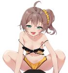  1girl :d agnamore ahoge aqua_eyes bare_shoulders blush brown_hair camisole drooling highres hololive natsuiro_matsuri navel saliva saliva_drip shorts side_ponytail simple_background smile solo spread_legs strap_slip teeth tongue tongue_out white_background yellow_camisole yellow_shorts 