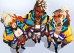  3girls apex_legends bangalore_(apex_legends) breasts chain choker cleavage cleavage_cutout clothing_cutout collarbone cosplay crypto_(apex_legends) crypto_(apex_legends)_(cosplay) dark-skinned_female dark_skin from_above gloves gold_chain head_tilt highres hype_beast_crypto jacket lip_piercing loba_(apex_legends) looking_at_viewer looking_up medium_breasts multiple_girls orange_gloves orange_shorts pants parted_lips piercing ponytail raito1 round_eyewear shorts silver_choker strapless sunglasses tube_top v valkyrie_(apex_legends) white_pants yellow_jacket 
