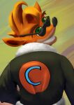  activision anthro bandicoot bomber_jacket crash_bandicoot crash_bandicoot_(series) eyewear fur green_eyes grin hair jacker looking_at_viewer looking_back looking_back_at_viewer male mammal marsupial orange_body orange_fur simple_background smile solo sunglasses video_games zulzul 