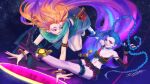  2girls arm_tattoo armlet arms_up belt black_gloves blue_choker blue_eyes blue_hair boots bracelet choker closed_mouth collarbone dated elbow_gloves fingerless_gloves fingernails fishnet_legwear fishnets gloves heterochromia highres jewelry jinx_(league_of_legends) key league_of_legends long_fingernails long_hair looking_at_another looking_at_viewer multicolored_hair multiple_girls nail_polish navel necklace orange_hair parted_lips portal_(object) portrait_(object) purple_eyes purple_hair purple_nails shell_casing signature single_thighhigh skindentation smile space sparkle star_(sky) stomach_tattoo striped tattoo teeth thighhighs tizibade toeless_footwear toenail_polish toenails torn torn_clothes torn_gloves twintails very_long_hair zoe_(league_of_legends) 