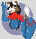  anthro big_breasts bodysuit breasts canid canine canis clothing cosplay domestic_dog female floppy_ears gesture hair long_hair mammal matix matixcs nipple_outline skinsuit solo tight_clothing waving 