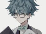  1boy bangs black-framed_eyewear blue_eyes blue_hair bow bowtie child face fate/extra fate/extra_ccc fate/grand_order fate_(series) glasses hans_christian_andersen_(fate) looking_at_viewer male_focus nozz177 shirt short_hair smile type-moon vest 