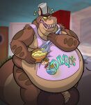  2022 absurd_res activision anthro apron apron_only balls belly big_balls big_belly bowl chef_hat chipped_ear clothing container crash_bandicoot_(series) crocodilian cutlery dingodile fangs foreskin genitals hat headgear headwear hi_res holding_bowl holding_container holding_object holding_spoon huge_balls hybrid hyper hyper_balls hyper_genitalia inside kitchen_utensils looking_back male mostly_nude obese obese_anthro obese_male open_mouth overweight overweight_anthro overweight_male penis reptile scalie sewergator solo spoon teeth text tongue tools video_games 