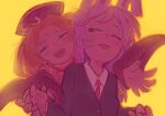  2girls animal_ears black_dress black_headwear blazer blush cheek-to-cheek chinese_clothes closed_eyes dress eyelashes gold_trim heads_together highres hug hug_from_behind jacket junko_(touhou) long_hair long_sleeves multiple_girls necktie one_eye_closed orange_hair phoenix_crown purple_hair rabbit_ears red_eyes red_necktie red_tabard reisen_udongein_inaba serakawa shirt smile touhou white_shirt wide_sleeves 