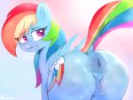  2022 absurd_res anus butt cutie_mark digital_media_(artwork) equid equine eyebrows eyelashes female feral friendship_is_magic genitals hasbro hi_res looking_back mammal multicolored_tail my_little_pony nozukznsfw pegasus puffy_anus pussy rainbow_dash_(mlp) rainbow_tail rear_view simple_background solo wings 