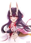  1girl :d absurdres artist_name bangs character_request cherry_blossoms genshin_impact highres holding horns japanese_clothes kimono long_hair looking_at_viewer oni oni_horns open_mouth pnk_crow purple_eyes purple_hair simple_background smile solo white_background white_kimono 