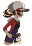  1girl absurdres brown_eyes brown_hair cabbie_hat hat highres holding long_hair lyra_(pokemon) open_mouth overalls poke_ball poke_ball_(basic) pokemon pokemon_(game) pokemon_hgss simple_background solo touyama_sairi twintails white_background white_headwear 