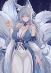  1girl absurdres animal_ears azur_lane bangs bare_shoulders blue_eyes breasts cleavage closed_mouth collarbone cowboy_shot dress eyebrows_visible_through_hair feather_boa fox_ears fox_tail hand_up highres large_breasts long_hair mole mole_under_eye multiple_tails shinano_(azur_lane) silver_hair tail tnr_(horiko1525) two-tone_dress 