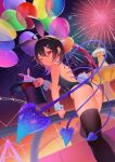  1girl aerial_fireworks ahoge alternate_costume animal_ears arm_support ass asymmetrical_wings balloon bangs black_hair black_legwear black_leotard blue_wings blush bunny closed_mouth collar commentary_request detached_collar dutch_angle fake_animal_ears fake_tail feet_out_of_frame fireworks fountain hair_between_eyes hair_ornament hat hat_removed headwear_removed highres holding holding_clothes holding_hat houjuu_nue leotard looking_at_viewer looking_back nail_polish one_eye_closed outdoors playboy_bunny rabbit_ears rabbit_tail railing recare red_eyes red_wings short_hair smile solo standing strapless strapless_leotard tail thick_thighs thighhighs thighs top_hat touhou white_collar wings wrist_cuffs x_hair_ornament 