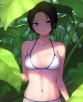  1girl bangs bare_shoulders bikini black_hair blue_eyes breasts breasts_apart cleavage collarbone commentary_request cowboy_shot day hand_up hashi leaf looking_at_viewer medium_breasts midriff navel original parted_bangs shadow short_hair sidelocks smile solo standing swimsuit white_bikini 