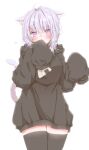  1girl animal_ear_fluff animal_ears bangs black_legwear blush cat_ears cat_tail cowboy_shot eyebrows_visible_through_hair highres hiro_(hirohiro31) hololive hololive_gamers hood hood_down hoodie looking_at_viewer nekomata_okayu oversized_clothes purple_eyes purple_hair short_hair sleeves_past_fingers sleeves_past_wrists solo tail thighhighs virtual_youtuber white_background 