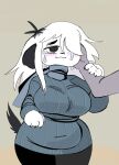  ambiguous_gender belly bodily_fluids bottomwear breasts canid canine canis chubby_female claws clothing comforting crying domestic_dog duo female floppy_ears fur hair hair_over_eye hand_on_arm hand_on_head hi_res looking_at_another mammal navel one_eye_obstructed pants puppychan puppychan48 scarf shirt smile standing tagme tears topwear white_body white_fur 