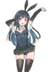 1girl animal_ears arm_warmers asashio_(kancolle) ass_visible_through_thighs black_hair black_legwear black_leotard blue_eyes blush breasts collared_shirt covered_navel cowboy_shot detached_collar eyebrows_visible_through_hair fake_animal_ears fake_tail hair_between_eyes highres kantai_collection leotard leotard_under_clothes long_hair looking_at_viewer open_clothes open_mouth open_shirt playboy_bunny rabbit_ears rabbit_tail retsumaru shirt short_sleeves simple_background sketch skirt small_breasts strapless strapless_leotard suspenders tail thighhighs white_background 