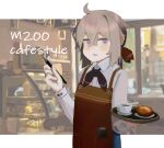  1girl alternate_costume bangs blush character_name coffee_cup commentary_request cup disposable_cup food girls&#039;_frontline grey_hair hair_between_eyes highres holding holding_pen holding_tray indoors long_sleeves looking_at_viewer m200_(girls&#039;_frontline) meta0614 open_mouth pen ponytail purple_eyes shirt solo standing tray waitress white_shirt 