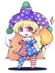  1girl :d american_flag_legwear american_flag_shirt bangs blonde_hair clownpiece eyebrows_visible_through_hair fairy_wings fire fried_rice0614 full_body hat highres holding holding_torch jester_cap long_hair looking_at_viewer neck_ruff one-hour_drawing_challenge open_mouth polka_dot_headwear purple_headwear red_eyes shirt short_sleeves simple_background smile solo standing star_(symbol) star_print striped striped_legwear striped_shirt torch touhou v-shaped_eyebrows very_long_hair white_background wings 
