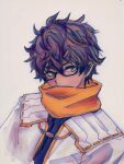  1boy askaskaska_ika brown_eyes brown_hair curly_hair dark-skinned_male dark_skin glasses highres jacket male_focus orange_scarf scarf scarf_over_mouth solo taion_(xenoblade) upper_body white_jacket xenoblade_chronicles_(series) xenoblade_chronicles_3 