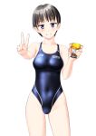 1girl absurdres black_hair black_swimsuit breasts cameltoe clothes_writing collarbone commentary_request competition_swimsuit contrapposto covered_navel cowboy_shot grin highres holding holding_trophy medium_breasts one-piece_swimsuit original purple_eyes short_hair simple_background smile solo swimsuit takafumi trophy v white_background 