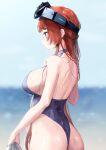  05565 1girl ass bangs blurry blurry_background blush breasts closed_mouth day from_side goggles goggles_on_head highres holding large_breasts last_origin leprechaun_(last_origin) long_hair ocean one-piece_swimsuit outdoors profile red_eyes red_hair sideboob sky solo swimsuit water wet wet_clothes wet_hair wet_swimsuit 