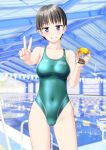  1girl absurdres black_hair breasts cameltoe clothes_writing collarbone commentary_request competition_swimsuit contrapposto covered_navel cowboy_shot green_swimsuit grin highres holding holding_trophy indoors medium_breasts one-piece_swimsuit original pool purple_eyes short_hair smile solo string_of_flags swimsuit takafumi trophy v 