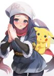  1girl absurdres akari_(pokemon) black_hair black_sash blush cowboy_shot galaxy_expedition_team_survey_corps_uniform grey_eyes head_scarf highres kokenashi long_hair looking_at_viewer on_shoulder open_mouth own_hands_clasped own_hands_together pikachu pokemon pokemon_(creature) pokemon_(game) pokemon_legends:_arceus pokemon_on_back red_scarf sash scarf white_background white_headwear 
